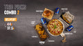 Promotional graphic for a trio picks combo 2 delivery offer with food items and drinks on a dark background.