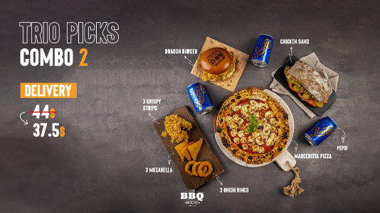Promotional graphic for a trio picks combo 2 delivery offer with food items and drinks on a dark background.
